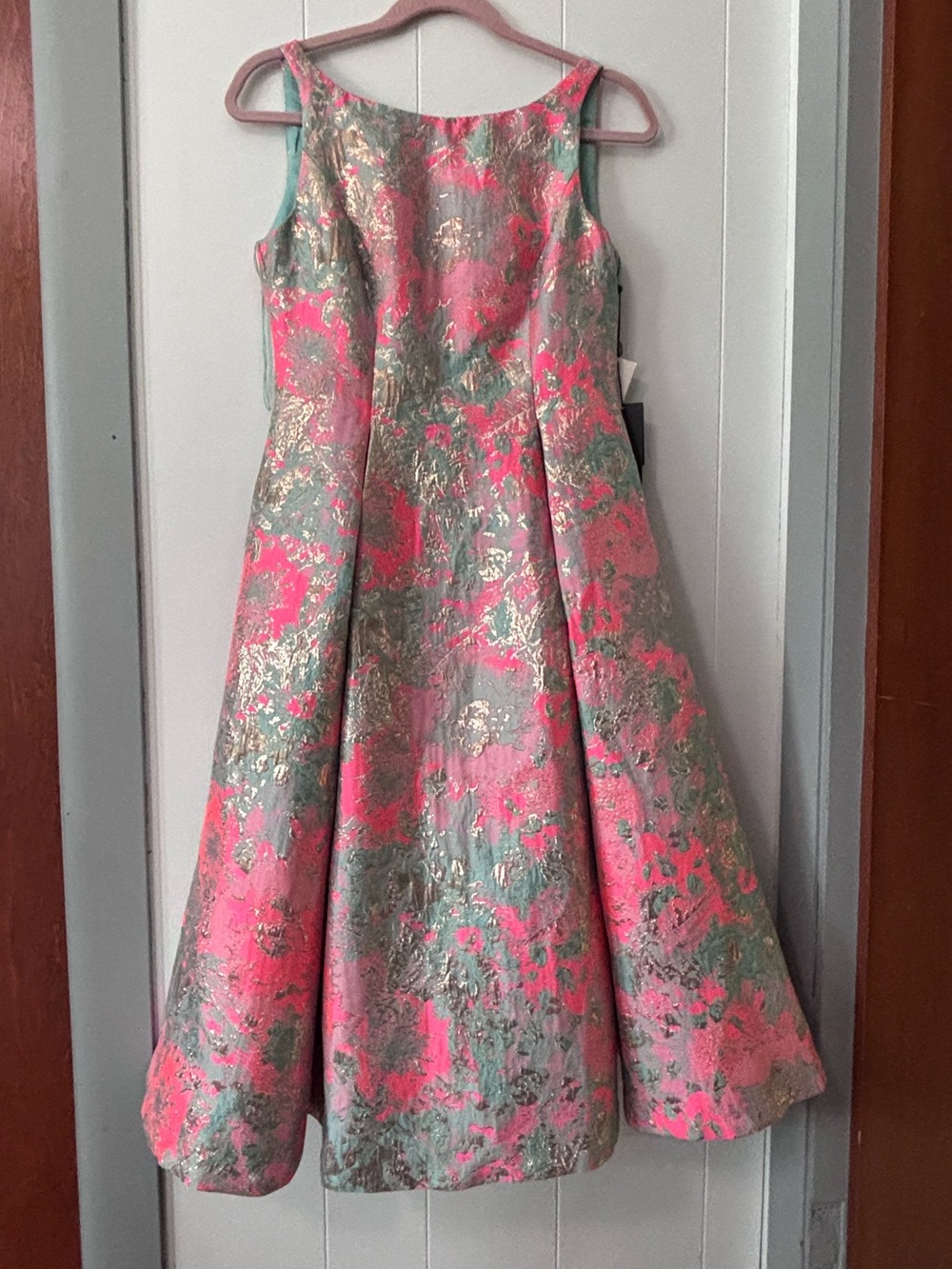 Adrianna Papell Pink/Teal/Gold Floral Brocade Dress Size 4 NWT